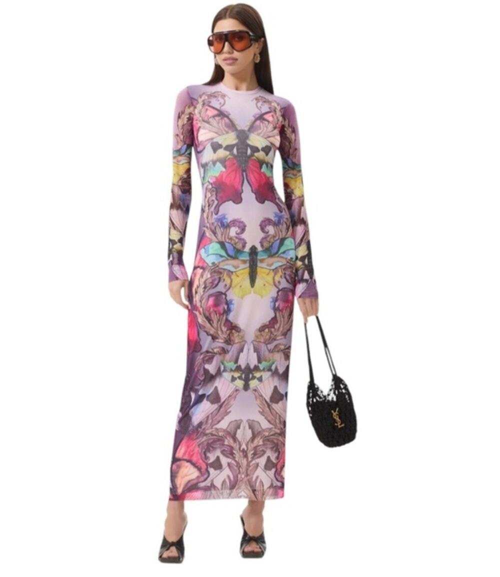 AFRM Long Sleeve Maxi Dress Size Large Butterfly Moth Stretch Bodycon